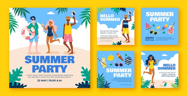 Coleção plana de postagens do instagram para celebração da temporada de verão