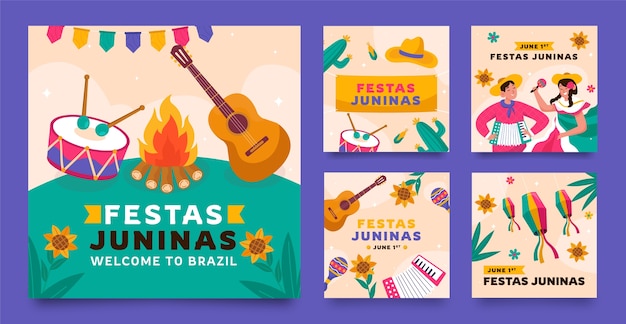 Vetor grátis coleção plana de postagens do instagram para celebração de festas juninas brasileiras