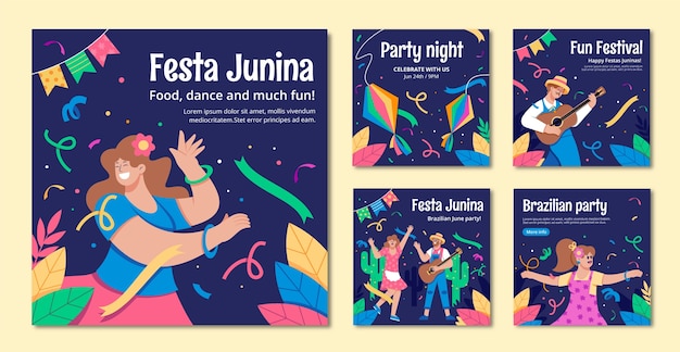 Vetor grátis coleção plana de postagens do instagram para celebração de festas juninas brasileiras