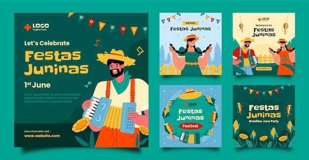 Vetor grátis coleção plana de postagens do instagram para celebração de festas juninas brasileiras