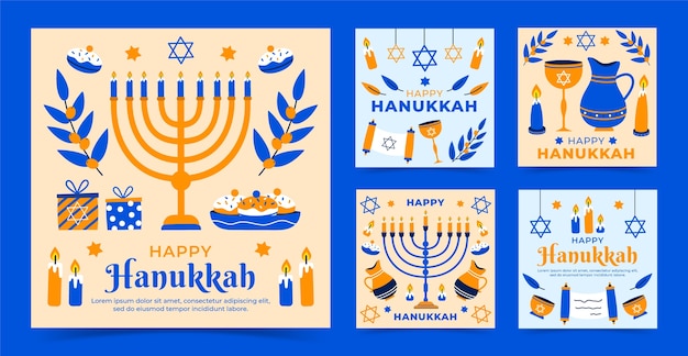 Vetor grátis coleção plana de postagens do instagram para celebração de hanukkah