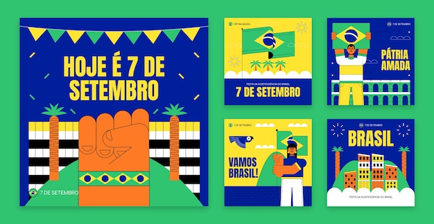 Coleção plana de postagens do instagram para celebração do dia da independência brasileira