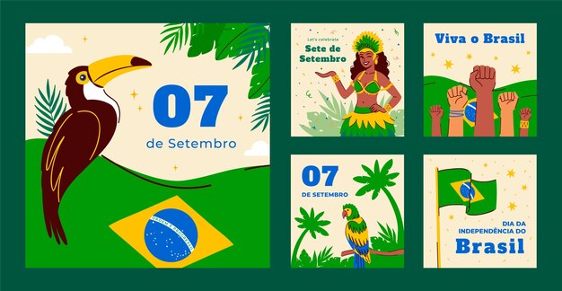 Coleção plana de postagens do instagram para celebração do dia da independência brasileira