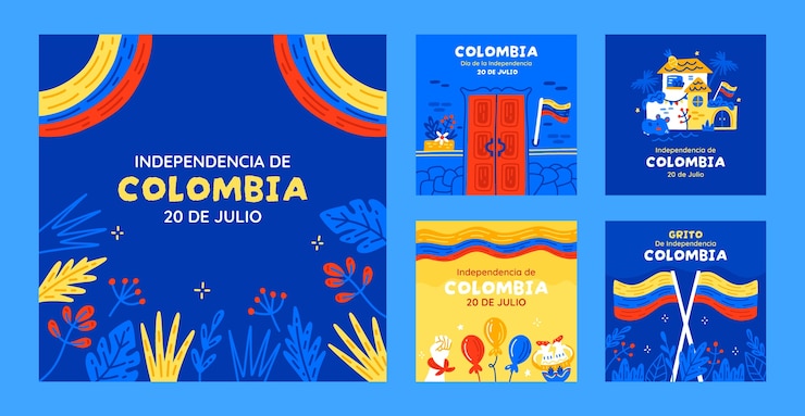 Vetor grátis coleção plana de postagens do instagram para celebração do dia da independência colombiana