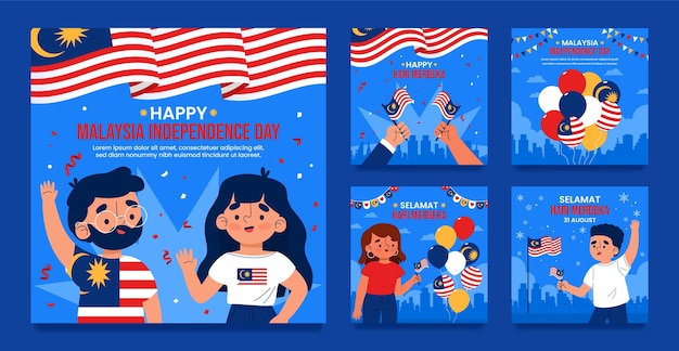 Vetor grátis coleção plana de postagens do instagram para celebração do dia da independência da malásia