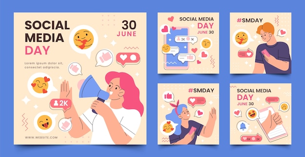 Vetor grátis coleção plana de postagens do instagram para celebração do dia da mídia social