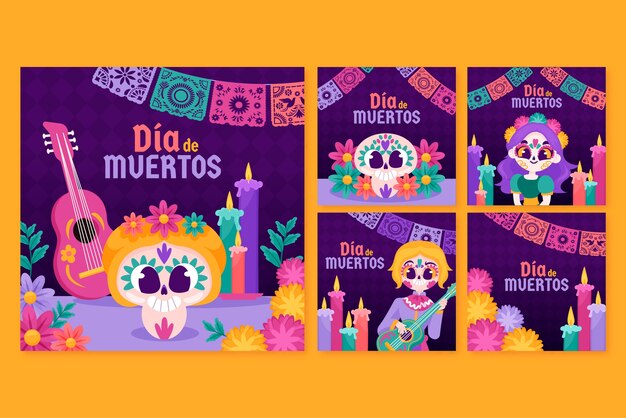 Coleção plana de postagens do instagram para celebração do dia de muertos