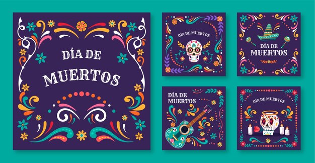Coleção plana de postagens do instagram para celebração do dia de muertos