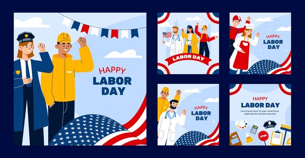 Coleção plana de postagens do instagram para celebração do dia do trabalho americano