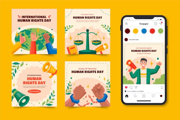 Vetor grátis coleção plana de postagens do instagram para celebração do dia dos direitos humanos