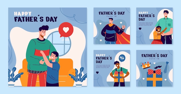 Vetor grátis coleção plana de postagens do instagram para celebração do dia dos pais