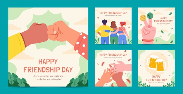Coleção plana de postagens do instagram para celebração do dia internacional da amizade