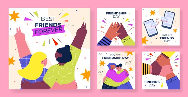 Coleção plana de postagens do instagram para celebração do dia internacional da amizade