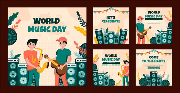 Coleção plana de postagens do instagram para celebração do dia mundial da música