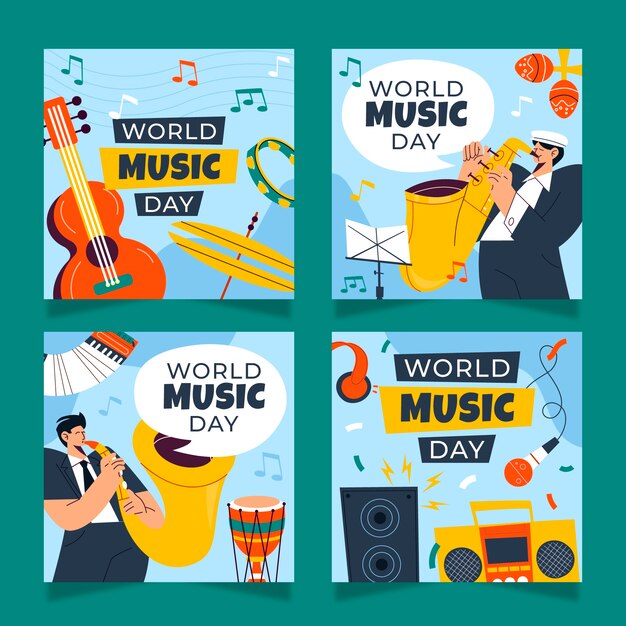 Coleção plana de postagens do instagram para celebração do dia mundial da música