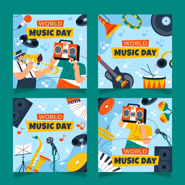 Coleção plana de postagens do instagram para celebração do dia mundial da música