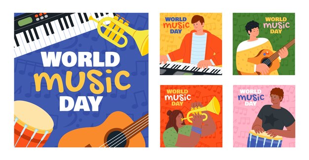 Coleção plana de postagens do instagram para celebração do dia mundial da música