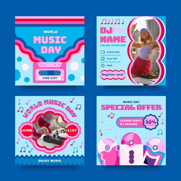 Coleção plana de postagens do instagram para celebração do dia mundial da música
