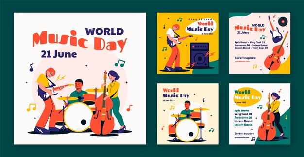 Coleção plana de postagens do instagram para celebração do dia mundial da música