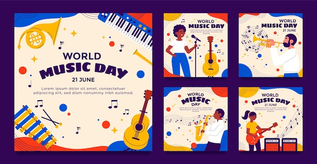 Coleção plana de postagens do instagram para celebração do dia mundial da música