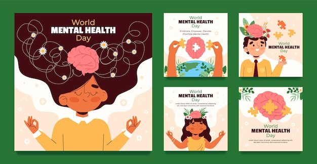 Vetor grátis coleção plana de postagens do instagram para celebração do dia mundial da saúde