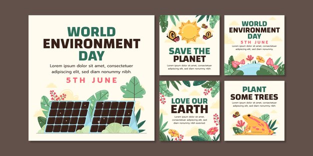 Coleção plana de postagens do instagram para celebração do dia mundial do meio ambiente