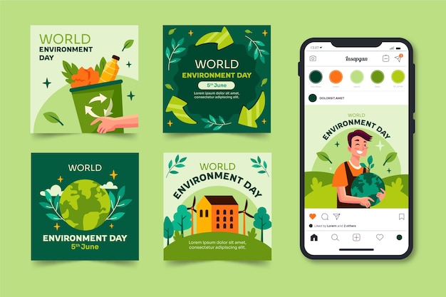 Coleção plana de postagens do instagram para celebração do dia mundial do meio ambiente
