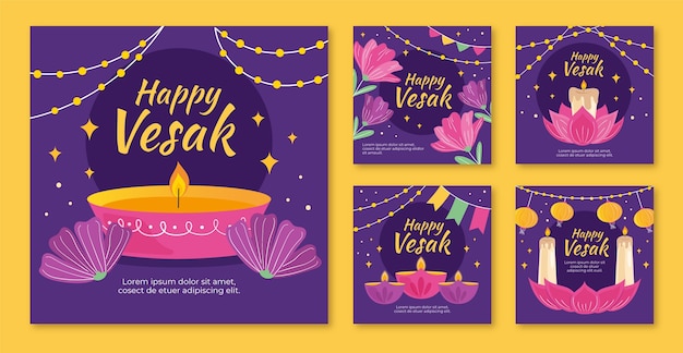 Vetor grátis coleção plana de postagens do instagram para celebração do festival vesak