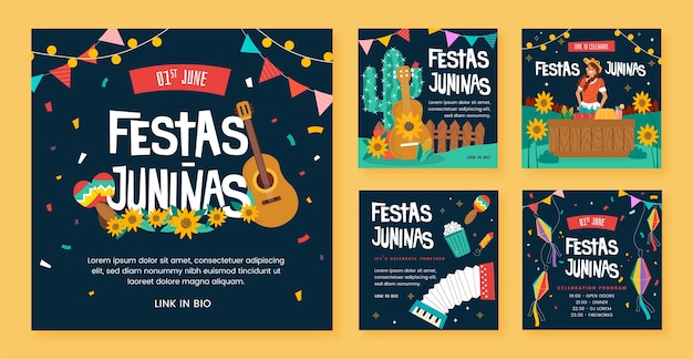 Vetor grátis coleção plana de postagens do instagram para celebrações de festas juninas brasileiras