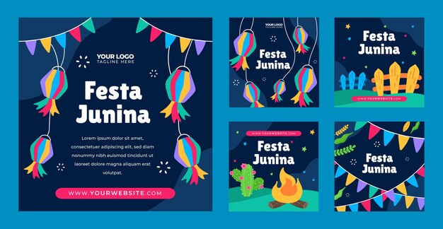 Coleção plana de postagens do instagram para celebrações de festas juninas brasileiras