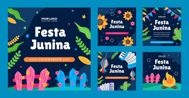 Coleção plana de postagens do instagram para celebrações de festas juninas brasileiras
