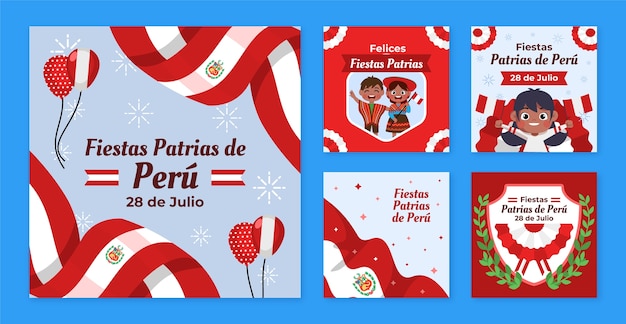 Vetor grátis coleção plana de postagens do instagram para celebrações de fiestas patrias peruanas