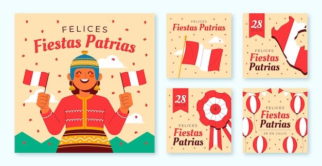 Vetor grátis coleção plana de postagens do instagram para celebrações de fiestas patrias peruanas