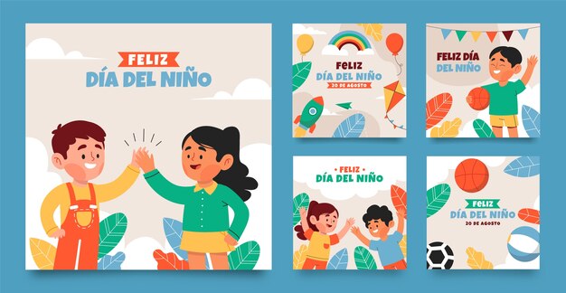 Coleção plana de postagens do instagram para comemoração do dia das crianças em espanhol