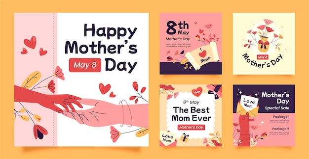 Vetor grátis coleção plana de postagens do instagram para comemoração do dia das mães