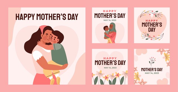 Coleção plana de postagens do instagram para comemoração do dia das mães