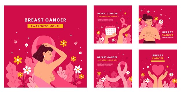 Coleção plana de postagens do instagram para o mês de conscientização do câncer de mama