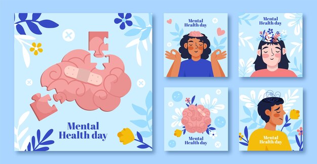 Coleção plana de postagens no Instagram para conscientização do dia mundial da saúde mental