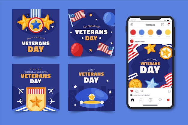 Vetor grátis coleção plana de postagens no instagram para o feriado do dia dos veteranos dos eua