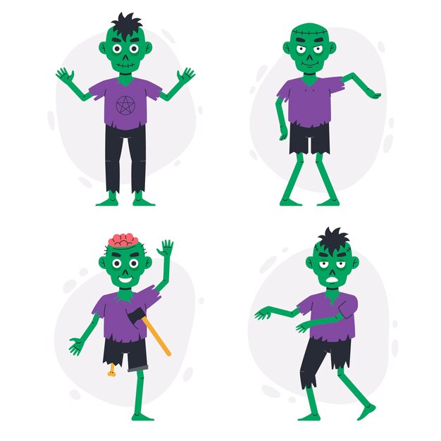 Coleção plana de zumbis de halloween desenhada à mão
