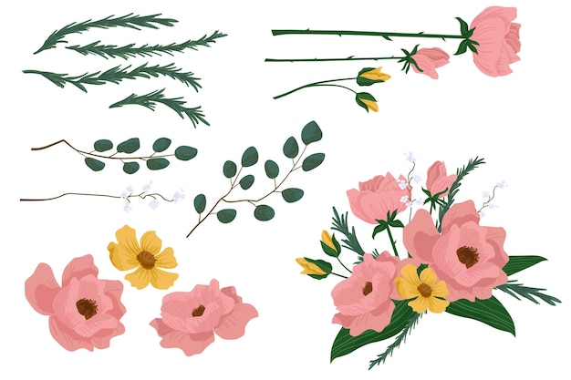 Coleção plana detalhada de flores de primavera