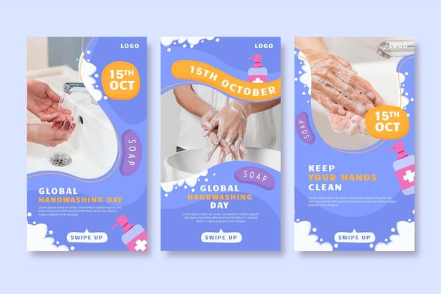 Vetor grátis coleção plana global de histórias do instagram do dia da lavagem das mãos desenhada à mão