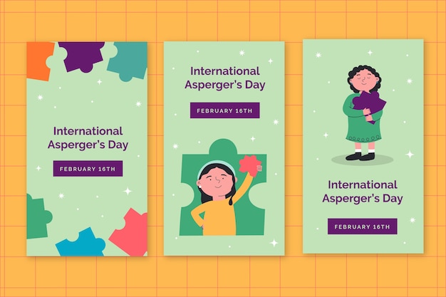 Coleção plana internacional de histórias do instagram do asperger day