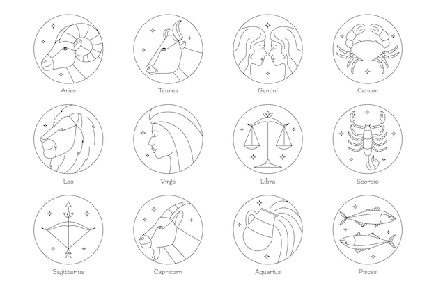 Coleção plana linear de signos do zodíaco