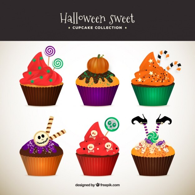 Vetor grátis coleção queque com elementos de halloween