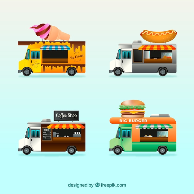 Vetor grátis coleção realista de caminhões de alimentos tradicionais