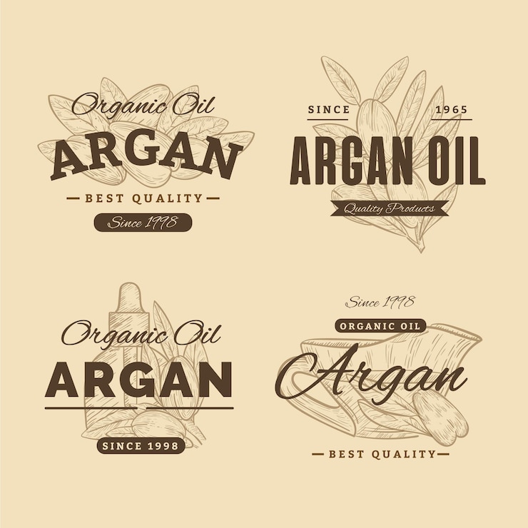 Vetor grátis coleção realista de emblemas de óleo de argan desenhada à mão