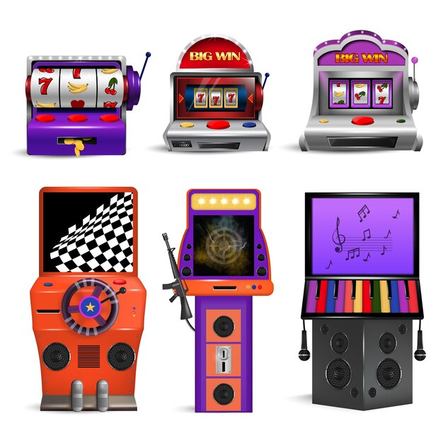 Coleção realista de máquinas de jogo de bateria retrô e máquinas de jogo digitais modernas com tecnologia de computador ilustração vetorial isolada ilustração vetorial isolada