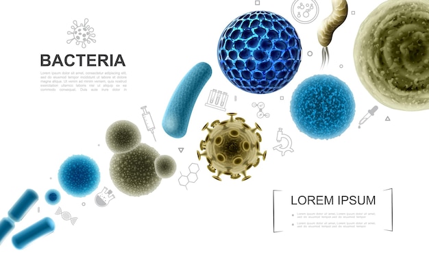 Coleção realista de microorganismos biológicos com ilustração de bactérias, vírus, germes e ícones médicos