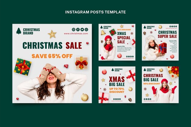 Coleção realista de postagens de instagram de natal